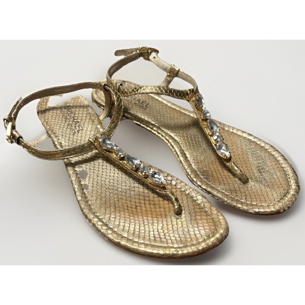 Michael Michael Kors Woman's Jayden Flat Sandals Gold Leather Size 7.5